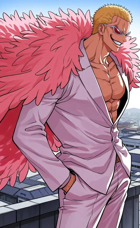 1male,solo,Don Quixote Doflamingo,short hair,blond hair,sunglasses,evil grin,white suit,pink Doflamingo cape,hand in pocket,muscle,rooftop,korea,lookism,