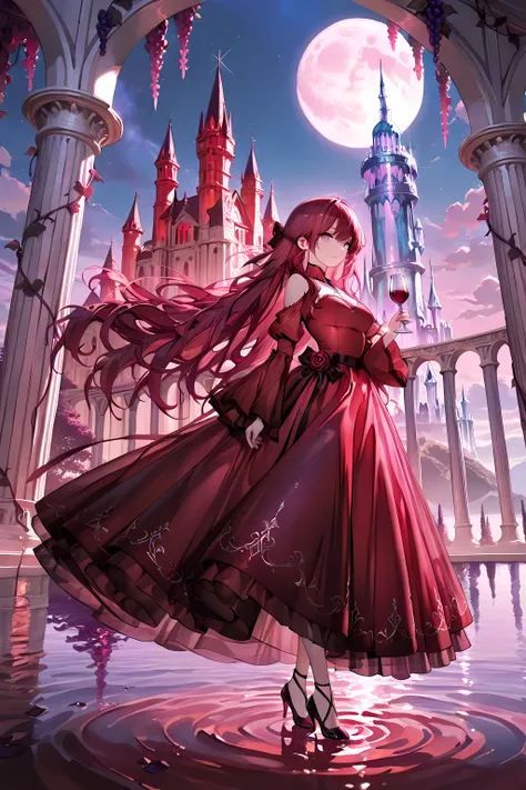 Highest quality, masterpiece, ultra-high resolution, 1girl, sea of wine, gently swaying waves of red wine, clear glass castle, crystal-like shine, pillars entangled with grape vines, dusk, fantastic atmosphere, dress, long hair fluttering in the wind, deli...