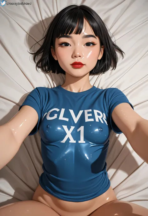 Perfect Face, (Female Asian, Face Asian), Black Hair, Short Bangs, Black Normal Eyebrows, Black Eyes, Red Lips, (Small Breasts), (Blue T-Shirt, Chevron With T-Shirt), Looking At Viewer, Pov, (((Shiny Skin)))