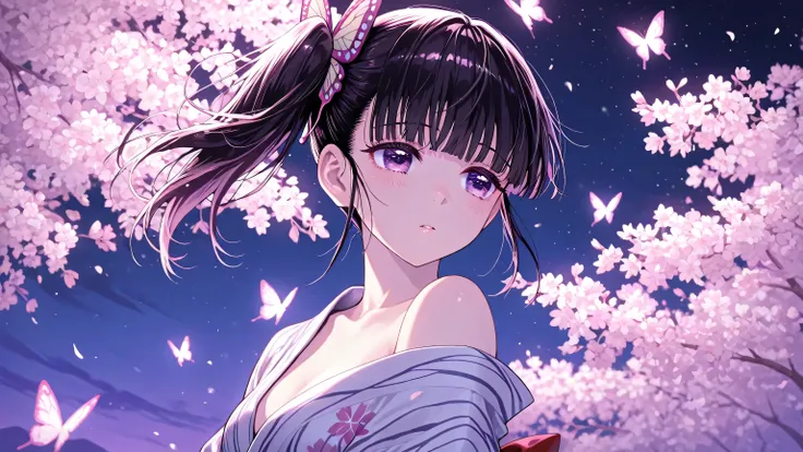 kanao tsuyuri, black hair, butterfly, butterfly hair ornament, purple eyes, side ponytail, ponytail,,masterpiece, best quality, vibrant, very aesthetic, high contrast, newest, ,tsuyuri kanao, smooth hair. There is a light effect, kimono yukata, bare should...