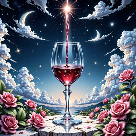 zavy-ctcmcs,w1n,hyp3rd3tail style, a watercolor art of a glass of red wine in glass goblet, under the night sky, crescent moon, starry night, some clouds, moon rays, 
