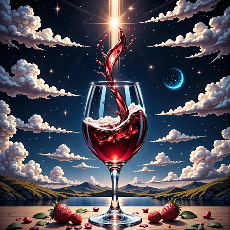 zavy-ctcmcs,w1n,hyp3rd3tail style, a watercolor art of a glass of red wine in glass goblet, under the night sky, crescent moon, starry night, some clouds, moon rays, 