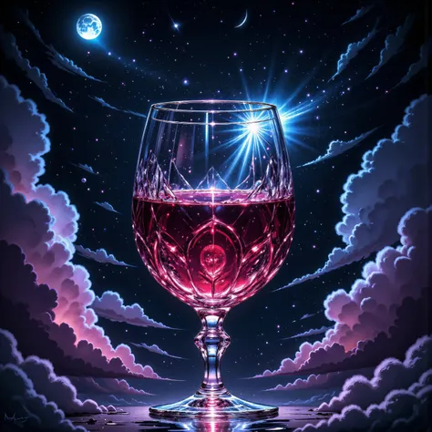 zavy-ctcmcs,w1n,hyp3rd3tail style, a watercolor art of a glass of red wine in glass goblet, under the night sky, crescent moon, starry night, some clouds, moon rays,