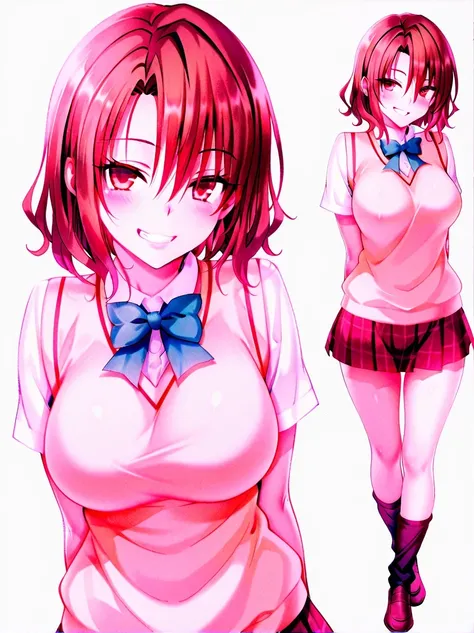 傑作、best quality、best resolution、best image quality、amazing quality、1woman、solo、<lora:risa_ilxl_v1:1>、momioka、short hair、brown hair、wavy hair、brown eyes、big breasts、very large breasts、large boobs、tall woman、m_clothes、short sleeve blouse、school uniform、 bowt...