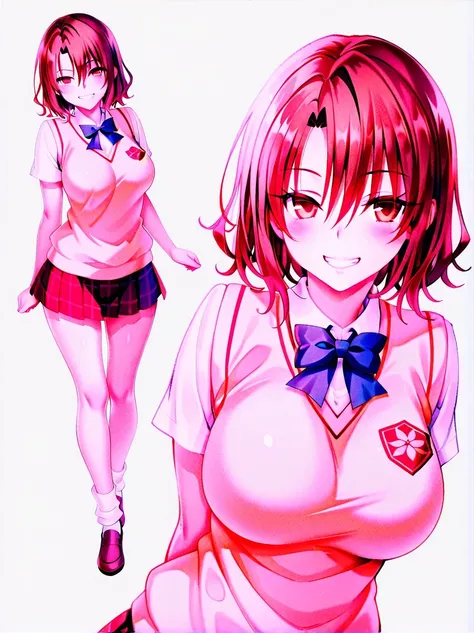 傑作、best quality、best resolution、best image quality、amazing quality、1woman、solo、<lora:risa_ilxl_v1:0.9>、momioka、short hair、brown hair、wavy hair、brown eyes、big breasts、very large breasts、large boobs、tall woman、m_clothes、short sleeve blouse、school uniform、 bo...