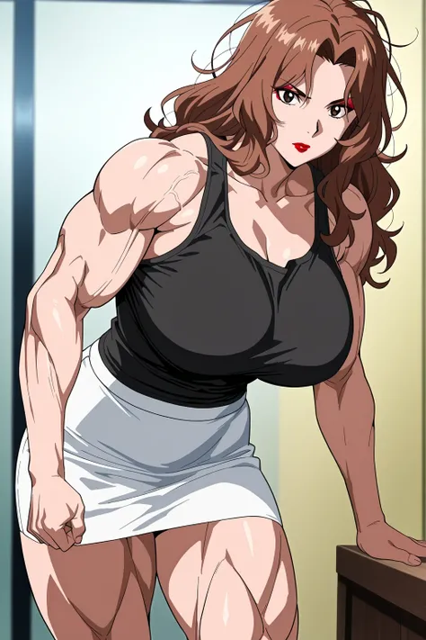 score 9 , score 8 up, score 7 up, source anime, 傑作, best quality, best image quality, best resolution, anime coloring, anime screencap, anime screenshot, 1woman, Close-up of a woman with long brown hair, muscular and strong, makeup, messy hair, lipstick, w...
