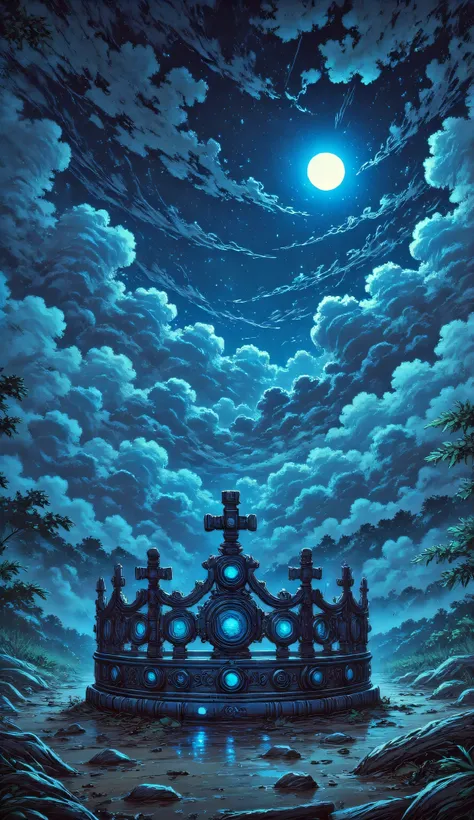 crown photography, realistic, night time, blue and black color theme