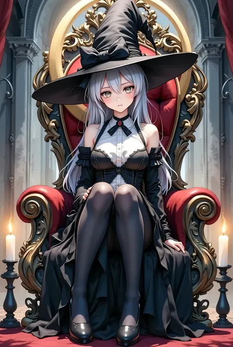 Chainsaw Man Style Stripes Anime Illustration with sharp and realistic details. Characters, women in their 20s, white skin, long hair, silver-white long hair, silver-gray sharp eyes, sitting on a luxurious throne chair, baroque style carved patterns in gol...