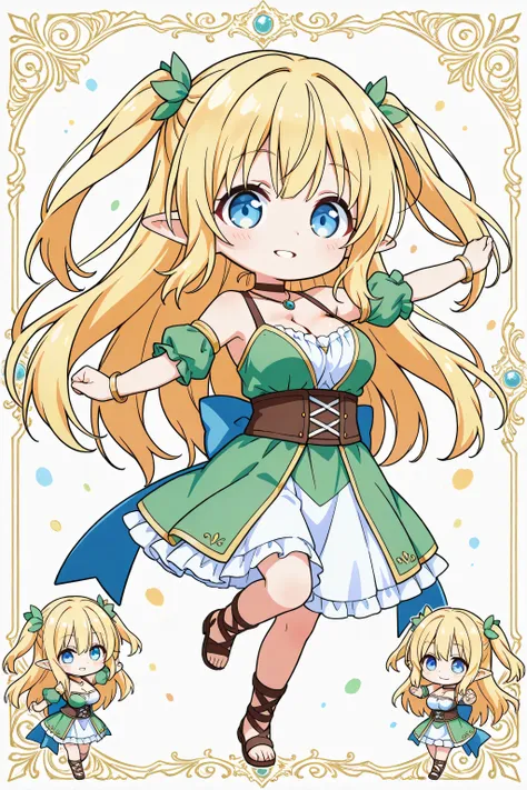 score_9,score_8_up,score_7_up,score_6_up,  aria beheneko, elf, blonde hair, long hair, blue eyes,  , 1girl, breasts, pointy ears, solo, elf, cleavage, large breasts, parted lips, smile,, necklace, jewelry, choker, full body, chibi, bare shoulders, collarbo...