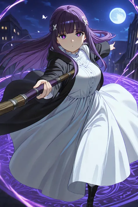 (1girl, SSNFFern, 1girl, purple hair, long hair, half updo, blunt bangs, purple eyes, medium breasts, layered clothes, black hooded robe, hood down, white long dress, frilled collar, black knee boots, big breasts, 
silver butterfly hair ornament, Pointing ...