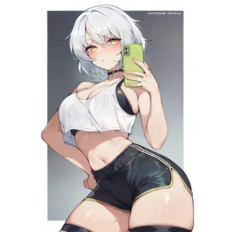 White Crop top, White hair, holding phone, yellow eyes, black tight shorts, slim, big chest, big butt, hours glass figure, cute, short hair, blushing, looking at viewer, right hand on hip, left hand holding phone