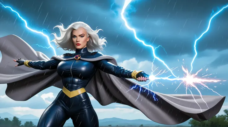 1girl, masterpiece, 35mm, best quality, super high resolution, photorealistic cinematic close-up shot of Storm from X-Men, a curvy, muscular woman with gigantic breasts and a huge ass, in her sleek black leather bodysuit with silver accents and a flowing c...