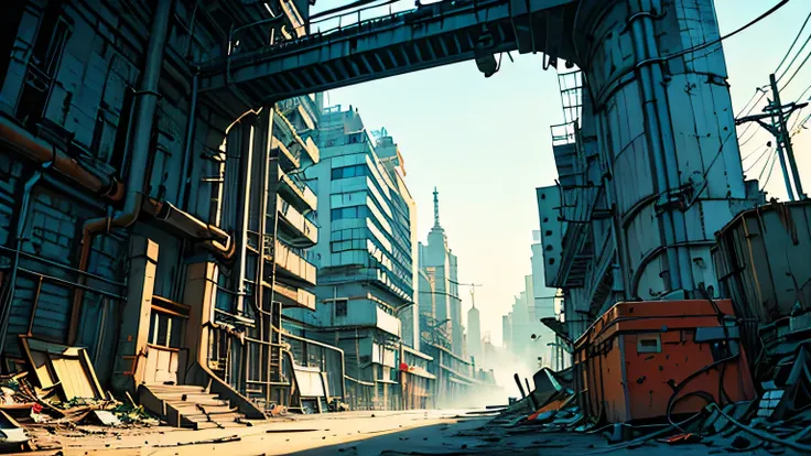 Create a view of the scene from the center of the image Sci-fi scene of Cyberpunk city street demaged, with lot industrial pipework, painted with strong colors combined with an ink line drawing with thicker and thinner black lines, massive orange, and blue...