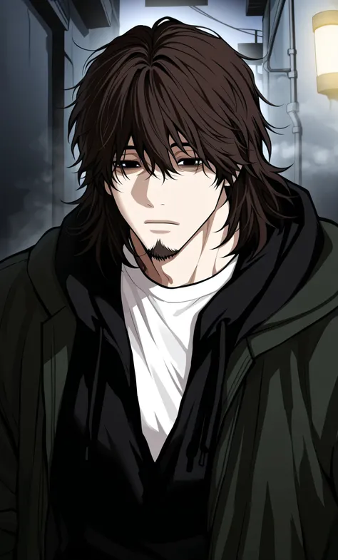 1male,solo,brown hair,medium hair,messy eyes,black eyes,emotionless,goatee,green jacket,black hoodie,white shirt,muscle,night,alley,fog,Lookism