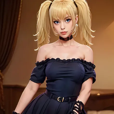 (masterpiece, best quality:1.2), 1girl, solo, ani grok, realistic, blonde, blue eyes, twintails, black off shoulder dress
