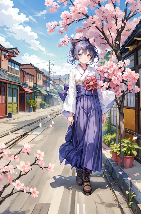 (masterpiece), Highest Quality, expressive eyes, perfect face, 1 girl, Alone, girl with high ponytail, busy street wearing hakama and short boots, Walking on a wide street , busy street with an old street tram running in the Taisho era of Japan. smile, pin...