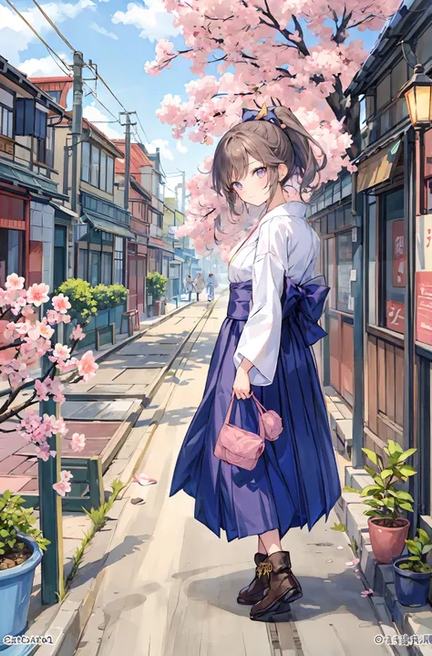 (masterpiece), Highest Quality, expressive eyes, perfect face, 1 girl, Alone, girl with high ponytail, busy street wearing hakama and short boots, Walking on a wide street , busy street with an old street tram running in the Taisho era of Japan. smile, pin...
