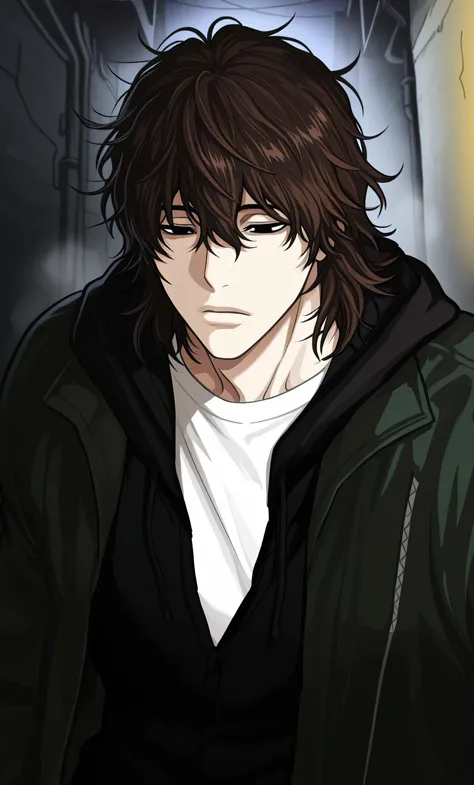 1male,solo,Yasutora Sado,brown hair,medium hair,messy hair,hair between eyes,black eyes,emotionless,green jacket,black hoodie,white shirt,muscle,night,alley,fog,Lookism