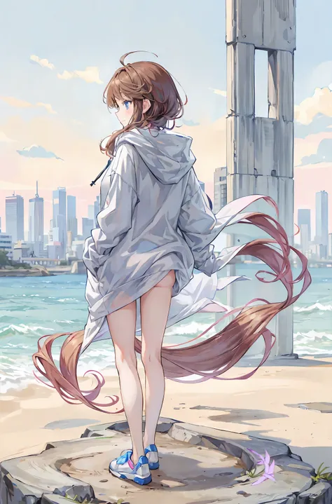 like that,wear a hoodie。lower body completely naked,butt,is good,beautiful night background,stand on tiptoe,bends her knees,turn their knees outward,back view,brown hair,shortcut,unkempt hair,Short braided hair,Neat,Slender Beauty,correct posture,small bre...