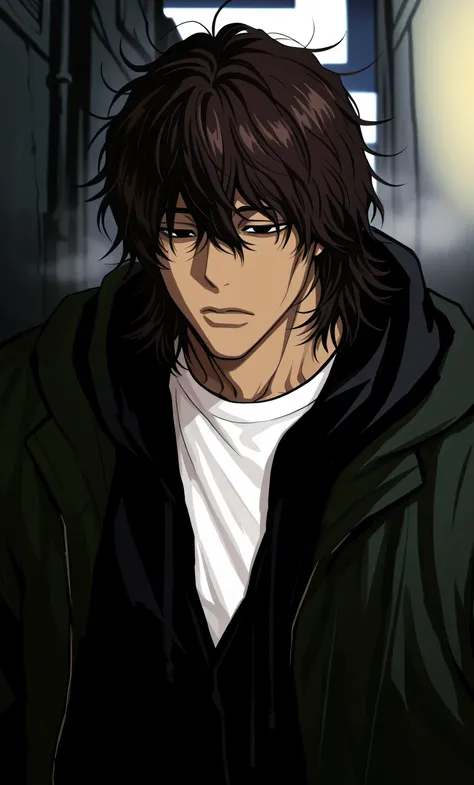 1male,solo,Yasutora Sado,brown hair,medium hair,messy hair,hair between eyes,black eyes,emotionless,tan skin,green jacket,black hoodie,white shirt,muscle,night,alley,fog,Lookism