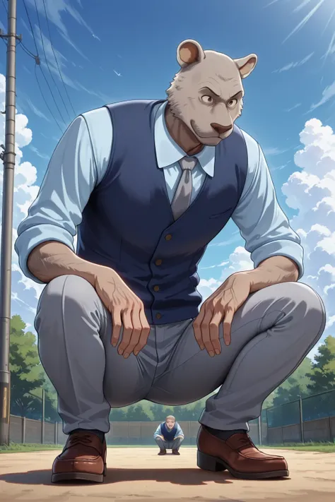 absurd result, best quality, alta calidad, detailed,  , wide shoulders, Mature man, tiny brown eyes, athletic build, musculvery hombre,  round ears , very, polish, Grey body, gray school pants with stripes ,Blue vest, long sleeve white shirt, gray tie, whi...