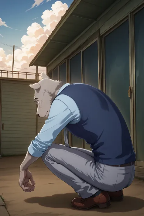 absurd result, best quality, alta calidad, detailed,  , wide shoulders, Mature man, black eyes, athletic build, musculvery hombre,  round ears , very, polish, Grey body, gray school pants with stripes ,Blue vest, long sleeve white shirt, gray tie, while sq...