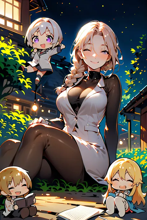 score_9_up,score_8_up,score_7_up,score_6_up,score_5_up,score_4_up,(((multiple girl))),(((chibi chara))),(pekomama),(((milf))), thick eyebrows, droopy eyes, long hair,braided ponytail ,(((closed eyes))),closed mouth,big smile,(((working))),outdoor ,at night...