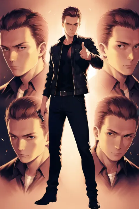 Can you draw a clear expression on an undamaged face,I'm drawing a more delicate expression,dark background，,can you draw a clear expression on the Terminator Soldier？,50 years old，dark haired man,A man in a black leather jacket,thumbs up pose that can be ...