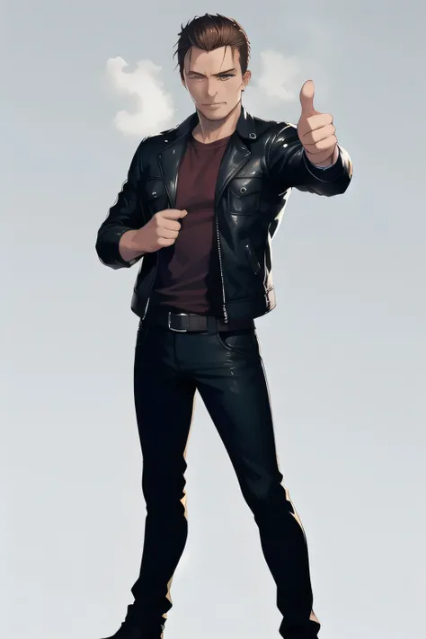 Can you draw a clear expression on an undamaged face,I'm drawing a more delicate expression,dark background，,can you draw a clear expression on the Terminator Soldier？,50 years old，dark haired man,A man in a black leather jacket,thumbs up pose that can be ...