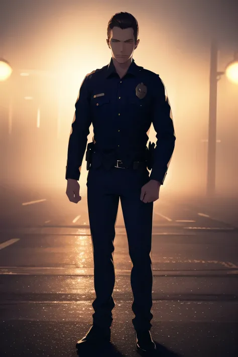 can you draw a man in an American police officer costume、navy blue uniform，A 32-year-old police officer,can you draw a man with an expression in alert mode observing his surroundings,using cinematic lighting and ray tracing  ，with dark hair,Male,The man in...