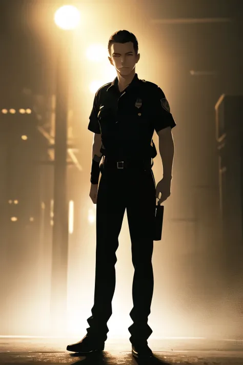 can you draw facial expressions even more delicately,I'm alone,Search ,Sharp Eyes，アメリカ合衆国の警官の衣装を着た maleを描いていただけますか、navy blue uniform，32-year-old cop,周囲を観察する警戒態勢の表情の maleを描いてください,uses cinematic lighting and ray tracing  ，With black hair, male,黒いレザージャケットを着た ...
