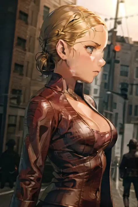  Blonde woman ，woman in red leather jacket，The costume of an ordinary woman in medieval Europe around 30 years old ,cyborg in alert mode exploring the city,dark background，市街地を探索している，can you draw a more delicate expression,I'm bundling my hair,