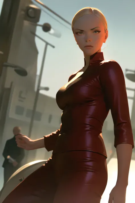 Blonde woman ,Woman in red leather jacket,The costume of an ordinary European medieval woman around 30 ,Cyborgs on alert exploring the city,dark background,Exploring the city,Please draw a more delicate expression,I'm putting my hair together,