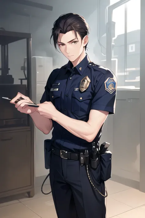 Can you draw a male in the costume of an American police officer、navy blue uniform，32-year-old cop,Please draw a male with an alert expression observing his surroundings,uses cinematic lighting and ray tracing  ，With black hair, male,Male wearing a black l...