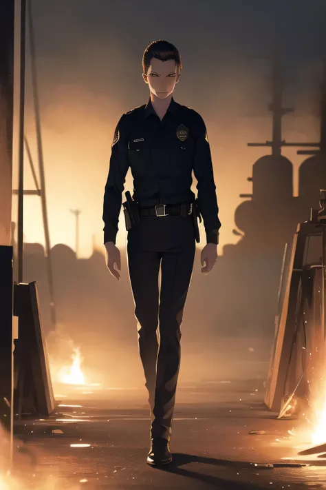 can you draw a police officer in alert mode exploring near a blast furnace at night，アメリカ合衆国の警官の衣装を着た  maleを描いていただけますか、navy blue uniform，with hair standing up,ruthless gaze ，32 year old police officer,周囲を観察する警戒態勢の表情の  maleを描いてください,use cinematic lighting and...