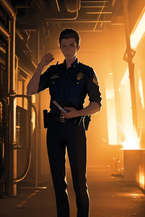 can you draw a police officer in alert mode exploring near a blast furnace at night，アメリカ合衆国の警官の衣装を着た  maleを描いていただけますか、navy blue uniform，with hair standing up,ruthless gaze ，32 year old police officer,周囲を観察する警戒態勢の表情の  maleを描いてください,use cinematic lighting and...