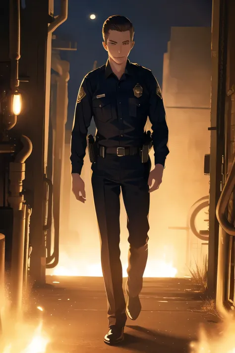 can you draw the facial expression even more delicately，can you draw a police officer in alert mode exploring the vicinity of a blast furnace at night，アメリカ合衆国の警官の衣装を着た   maleを描いていただけますか、navy blue uniform，and my hair stands on end,ruthless gaze ，32-year-old...