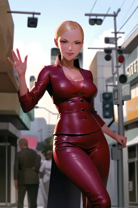 can you draw a woman singing with a pin microphone headset around her mouth,Please draw a woman playing the piano at Street Corner Street Live,blond long-haired woman waving her hands,can you draw a woman with a nice smile,,Woman in red leather jacket, ...