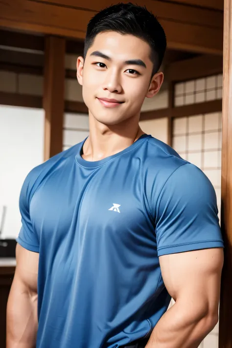 18-year-old male、Japanese、handsome guys、Macho、athlete、Smile Yan、plain navy colored clothes、Shaved head
