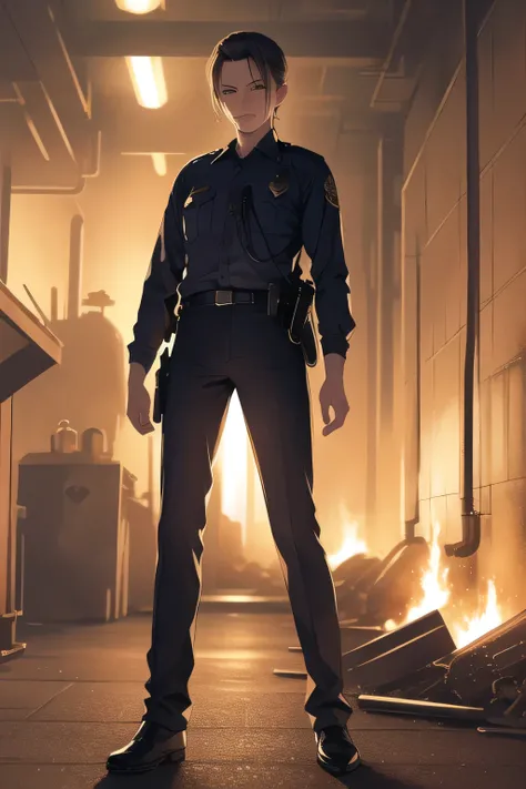 can you draw facial expressions even more and more delicately，can you draw a police officer in alert mode exploring near a blast furnace at night，アメリカ合衆国の警官の衣装を着た   maleを描いていただけますか、navy blue uniform，and my hair stands on end,ruthless gaze ，32-year-old cop,...