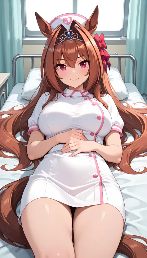 ((top quality, masterpiece, high res)), one girl, Daiwa Scarlet\(umamusume\), nurse, nurse, Hospital room, horse tail, 5 fingers, Smile, lying on the bed
