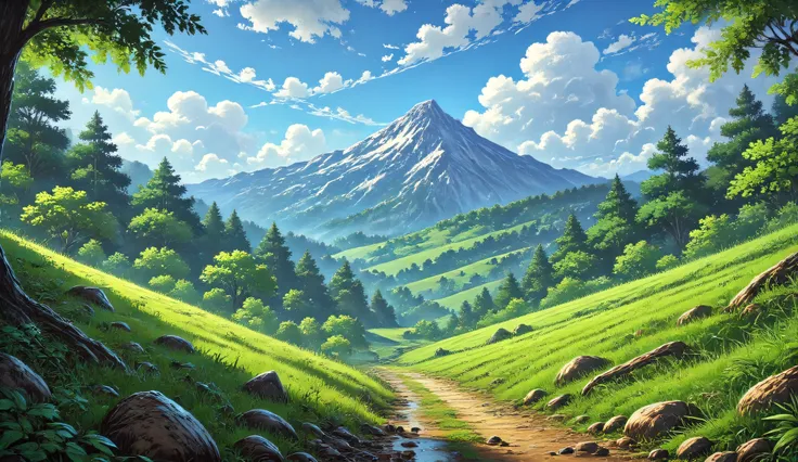 Photography, morning setting, narrow uphill path through green meadows, sunlight streaming from behind the peak, soft blue sky, main focus on the path way, blue green and white color theme, negative spaces, Pinterest viral