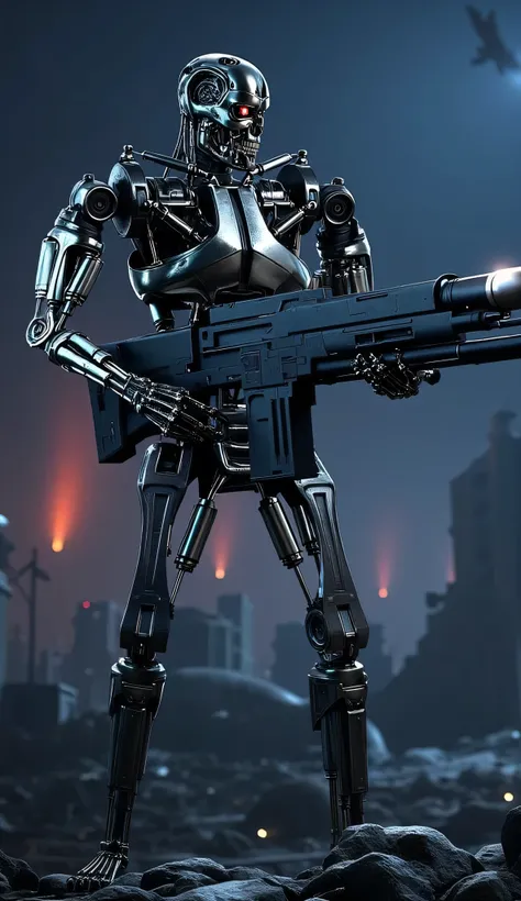 エンドスケルトンがプラズマライフルで制圧している，深夜の廃墟に立つエンドスケルトンを描けますか，瓦礫の上に立つ,暗闇を遠くから無数のライトで照らしている,