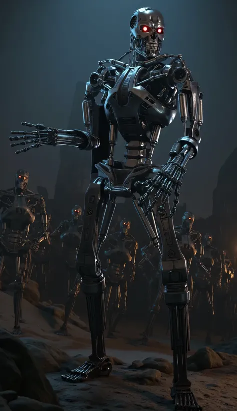 the endoskeleton is conquering with a plasma rifle {x} can you draw an endoskeleton in alert mode that recognizes you,There are countless endoskeletons behind it,can you draw an endoskeleton standing in the middle of the night，can you draw an endoskeleton ...
