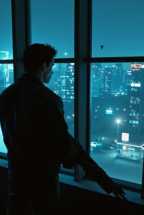 men up and down in a leather jacket recognize the outside through a glass window on the 3rd floor of a 4th floor building，standing with a weapon from a broken glass area,starting control with a plasma rifle，Man looking outside from a late-night building,,i...