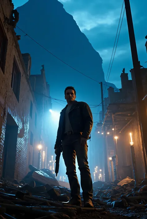 A man standing in a broken building illuminating a light,in the shadow of a rock，A man in a leather jacket is standing with a weapon,A man starting control with a plasma rifle is standing，，Midnight Building,,Illuminating the darkness with countless lights,
