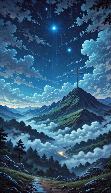 Photography, serene night, mountain peak, a sky full of stars with thin mist in the valley below, a softly glowing cross standing at the peak, radiating light into the surroundings, majestic, peaceful, and holy atmosphere, negative spaces, minimalist