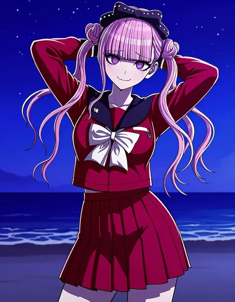 kako, game screencap, pink hair, purple eyes, twintails, double bun, bow, blunt bangs, red serafuku, black sailor collar, red skirt, high quality, closed mouth, solo, cowboy shot, night sky, beach, arms behind head, ((contrapposto)), looking at viewer, smi...