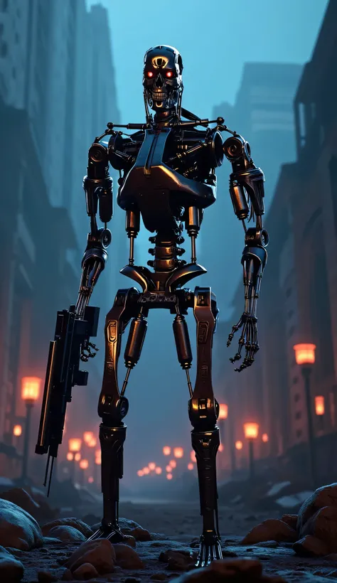 Can you draw an endoskeleton looking at me，can you draw an endoskeleton holding a plasma rifle,，can you draw an endoskeleton standing in the ruins at midnight，standing on the rubble,illuminating the darkness with countless lights,solo、