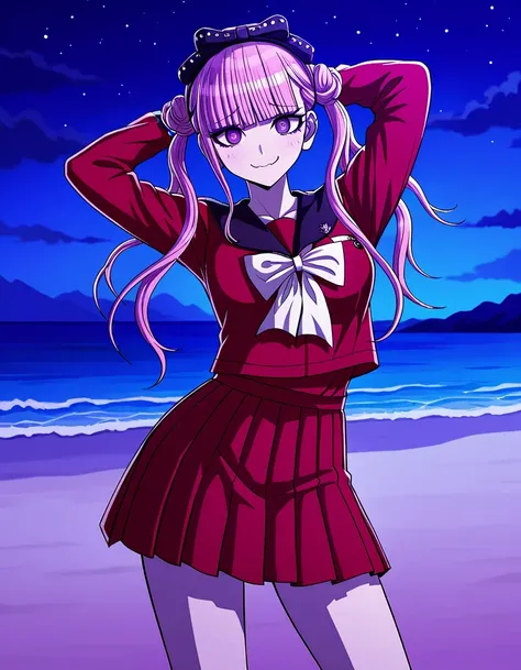kako, pink hair, purple eyes, twintails, double bun, bow, blunt bangs, red serafuku, black sailor collar, red skirt, game screencap, high quality, closed mouth, solo, cowboy shot, night sky, beach, arms behind head, ((contrapposto)), looking at viewer, smi...